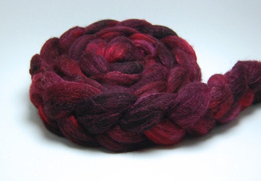 Crush Crush Crush - 4 oz Handpainted Red Burgundy Merino Silk Wool Roving Top