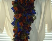 Hand Crochet Sashay Ruffle Fashion Scarf Style II/Variegated Disco(Green, Orange, Blue, Purple)