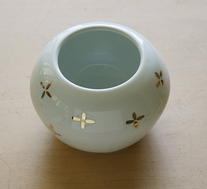 Wheel Thrown Porcelain Bowl  in white with Gold China paint  floral pattern