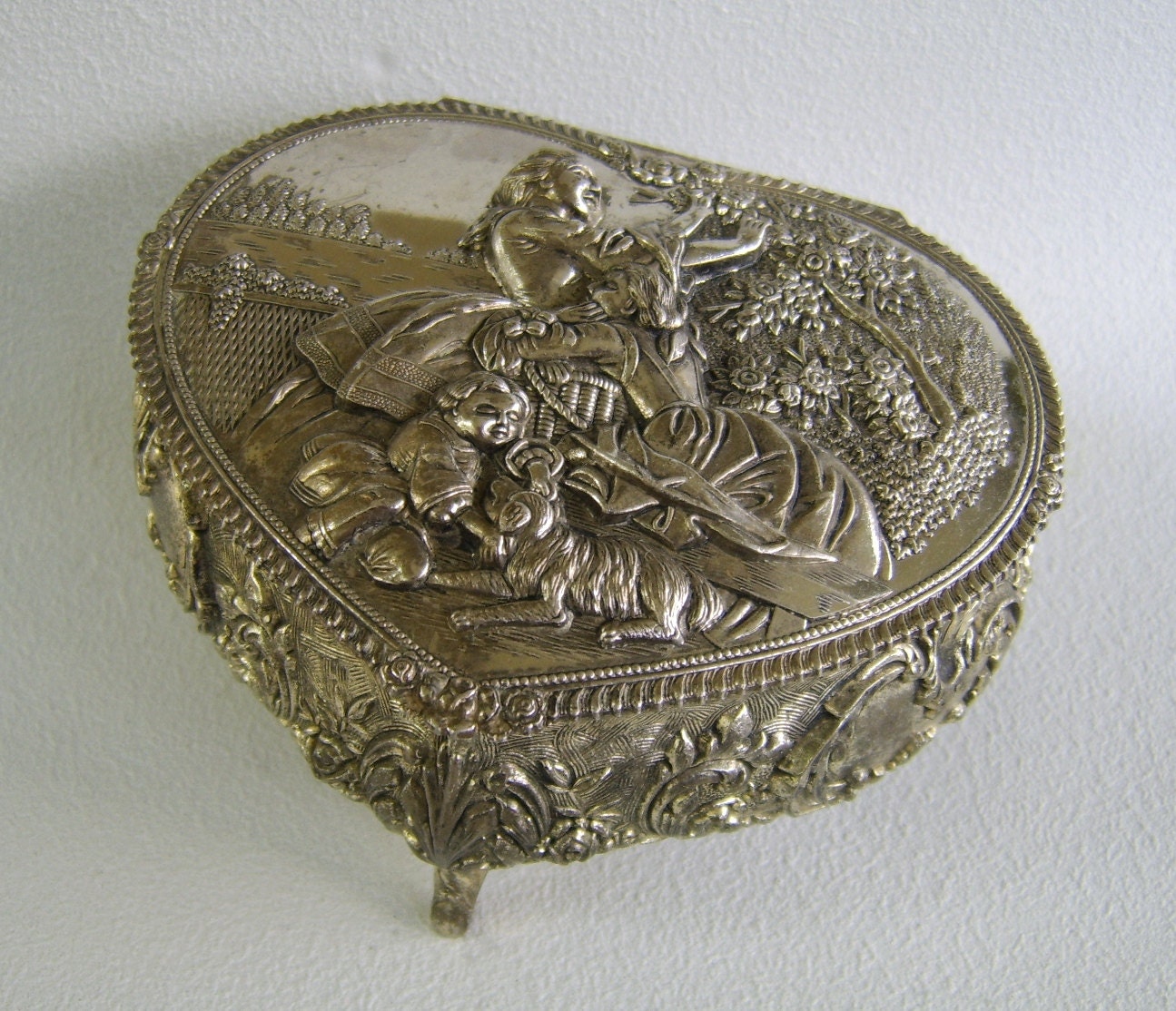 Vintage Silver Metal Heart Jewelry Box Red Velvet Mid Century