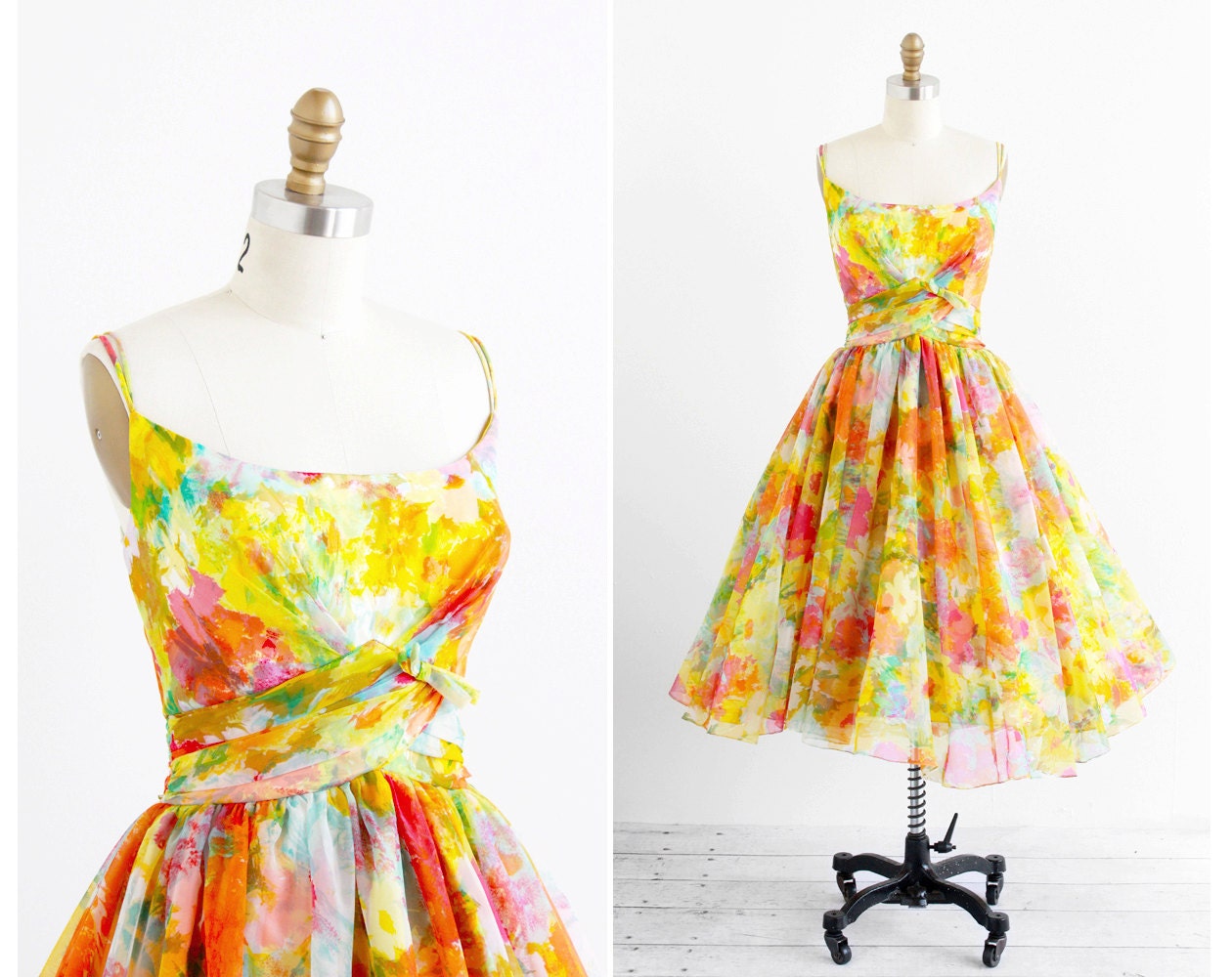 vintage 1950s dress / 50s prom dress / Rainbow Chiffon Ballerina Cupcake Party Dress