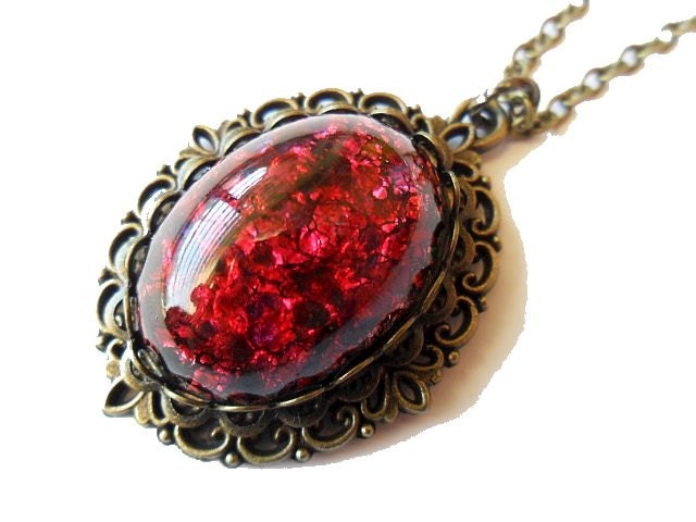 Red Harlequin Glass Jewel Pendant Necklace, Art Noveau, Gothic