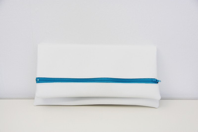 White leather  clutch, zipper pouch, fold over clutch, parrot blue  zip 15% off