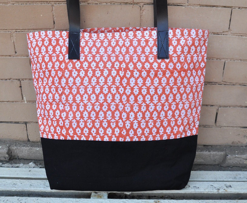 Canvas Tote Bag with leather straps in Orange floral print & black bottom - Leather, Beach Bag, Shoulder Bag, Large Tote, Diaper Bag