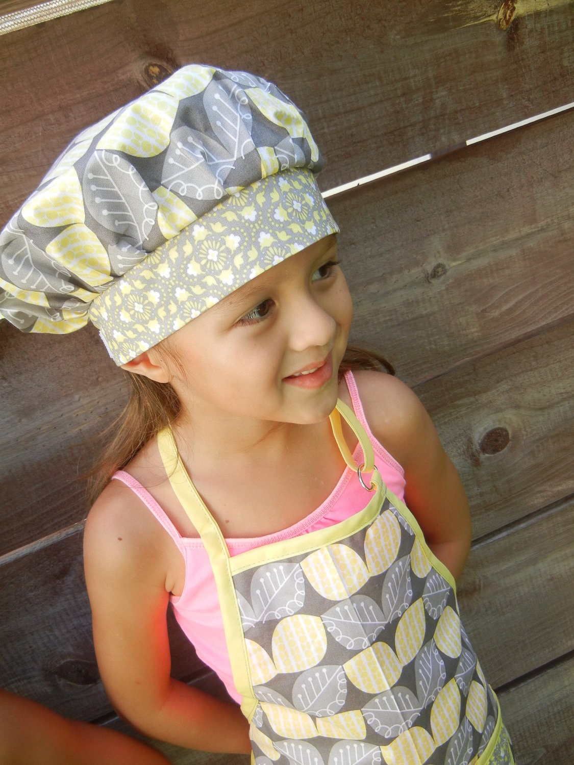 Girls Apron and Chef hat in yellow and gray flowers