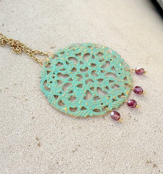 May Sale 10% off - Aqua Pink and Gold Long Boho Filigree  Necklace
