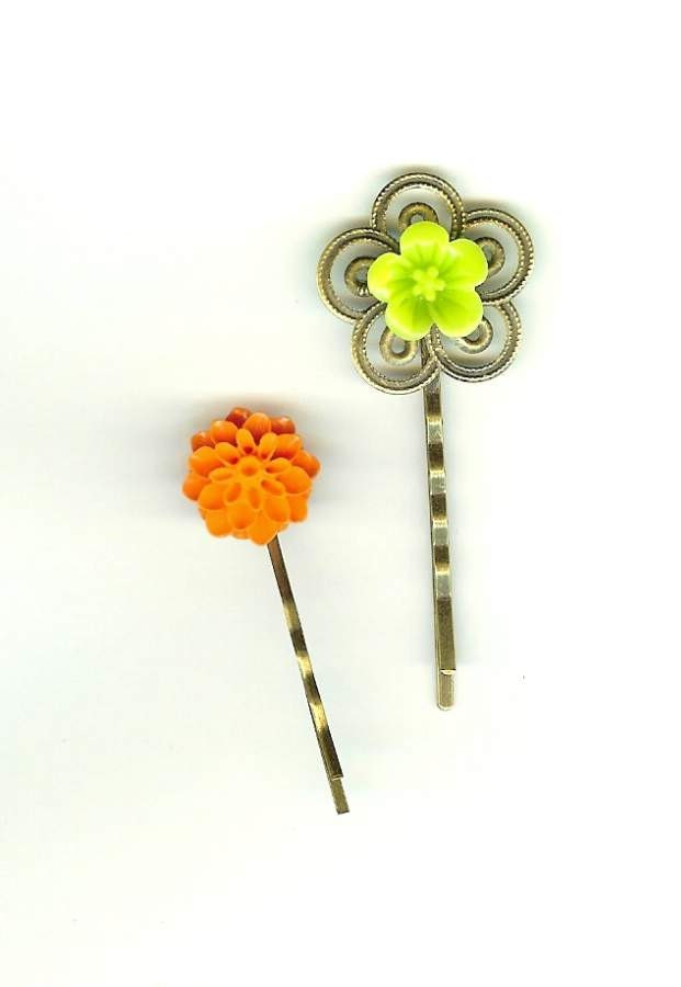 2 Bobby Pins, Plummeria & Mum, Lime Plummeria and Orange Mum FREE USA SHIPPING