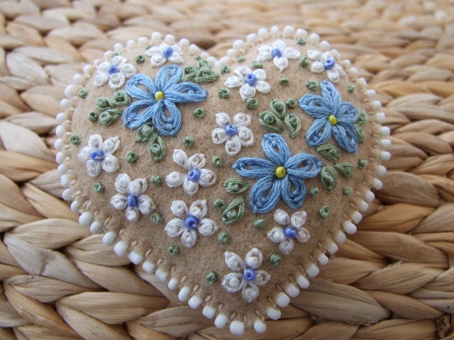 Hand Embroidered Coffee Coloured Felt Pin