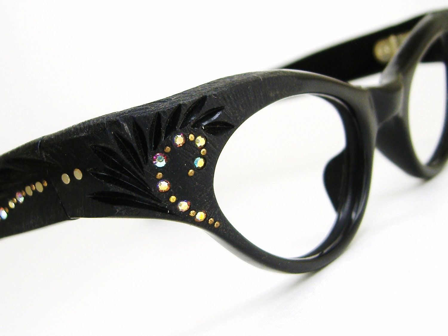 Vintage 1950s Black Cat eye Eyeglasses Sunglasses With Aurora Rhinestones Eyewear Frame FranceNOS