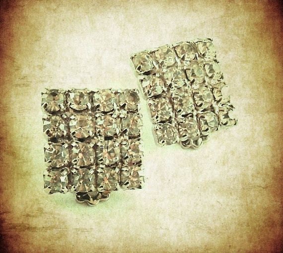 Vintage Rhinestone Earrings Geometric Glamour Clip On Earrings (Free Shipping USA)