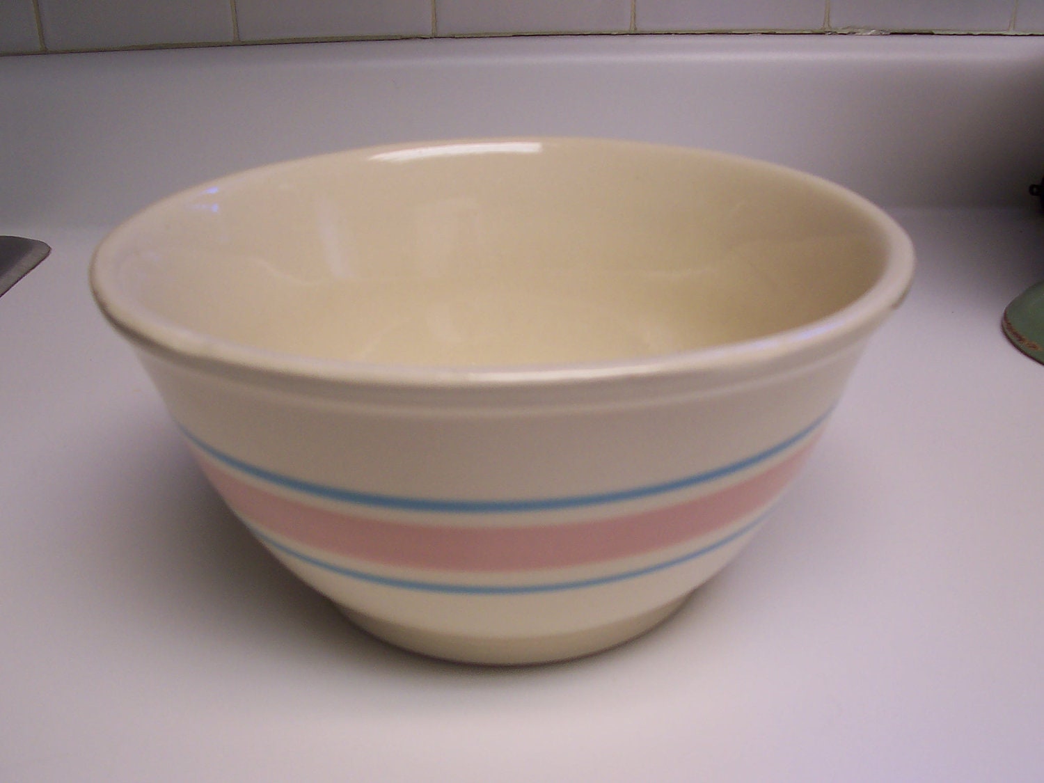 Mccoy mixing bowl pink and blue striped yellowware bowl by msink