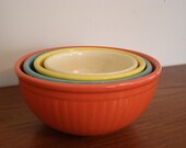 Primitive Pottery. Colorful Set of Four Antique / Vintage Nesting Bowls - Orange Blue Yellow Cream  - Shabby Chic