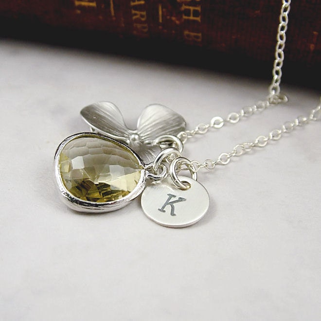 Orchid Necklace, Yellow Glass and Custom Initial Necklace, Orchid Jewelry, Weddings, Bridesmaid Gift, Sterling Silver, Isobella