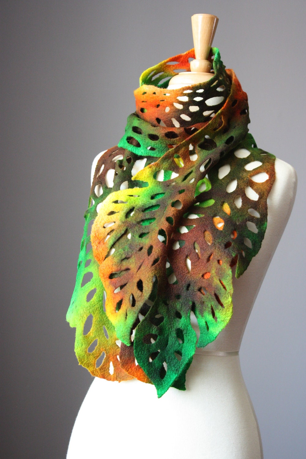 Felted scarf wool lacy leaf floral woodland brown orange green hand dyed