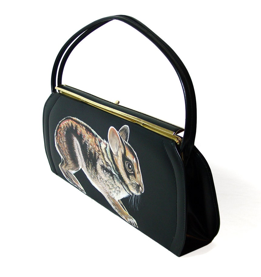 Sale - Sumatran Striped Rabbit purse - one of a kind, handpainted by NYhop - vintage black vinyl 1950's painted handbag - vegan