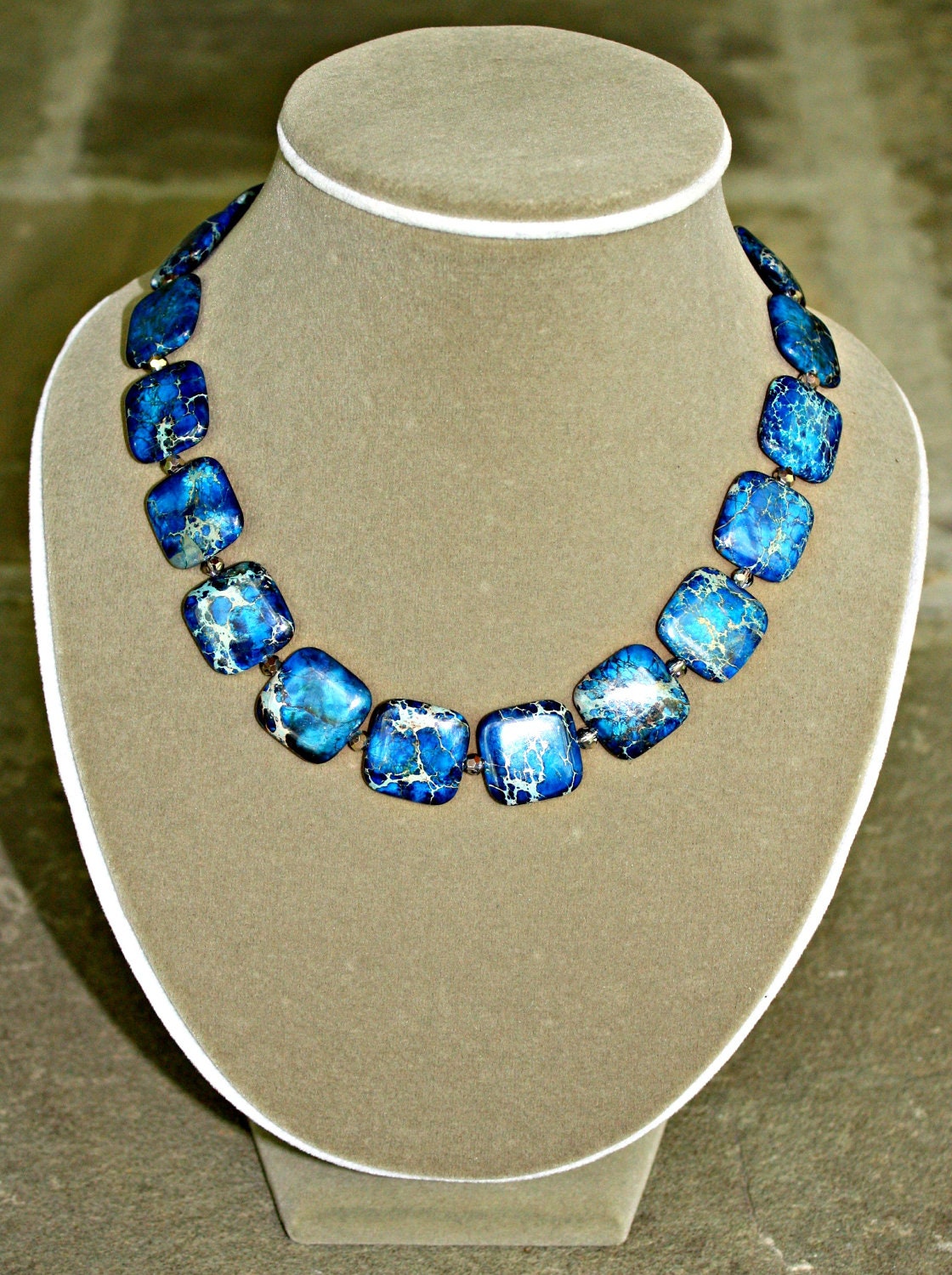 Silver Blue Necklace - Imperial Jasper with Smoky Gray Austrian Crystals Toggle Closure by Mei Faith