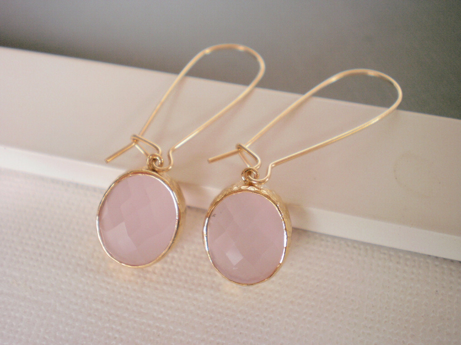 Gold Framed Pink Glass,  Gold Earrings, Best Friend, Birthday, Simple,  Everyday Jewelry