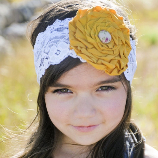 RUTH - Mustard yellow and cream lace rose headband