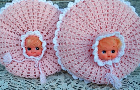 1950s Pink Doll Face Pillows Crochet and Satin by Holliezhobbiez