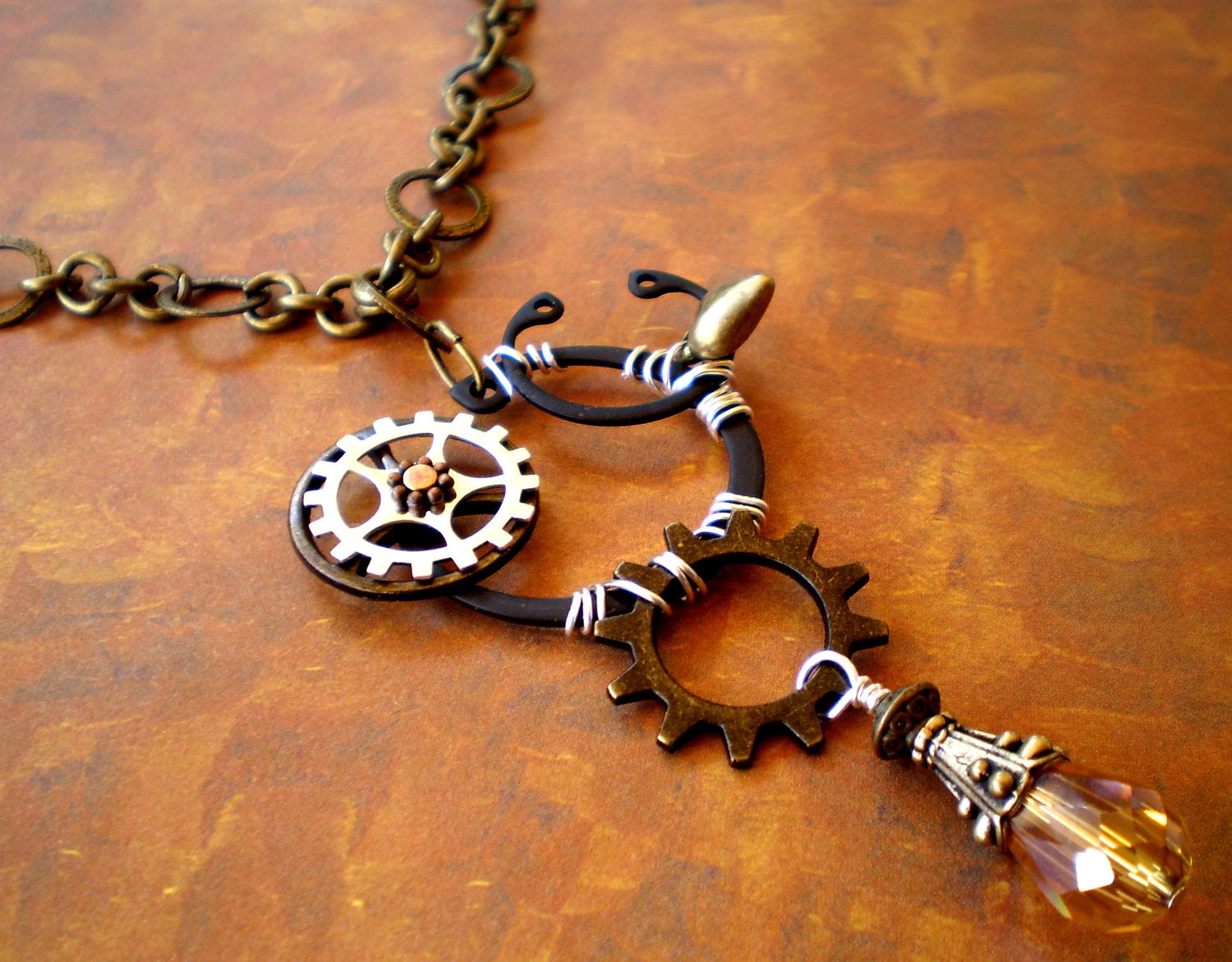 Clockwork Crystal and Gear Industrial Necklace in Brass
