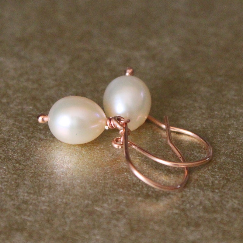 Rose Gold Pearl Earrings Cream Teardrop Freshwater Pearl Bridal Jewelry