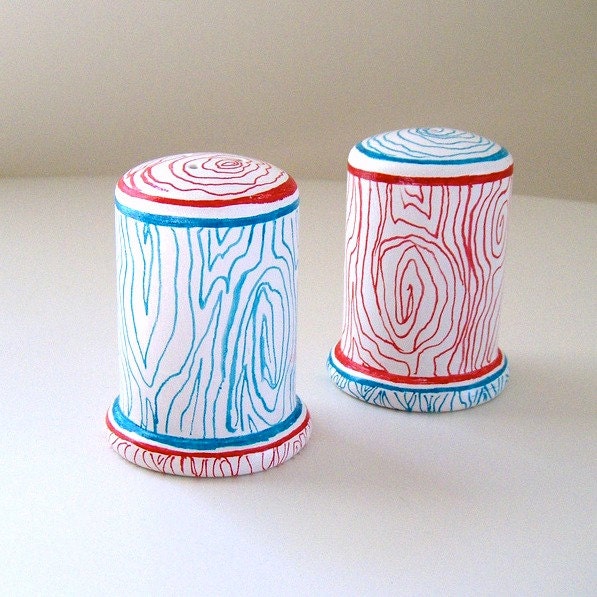 Ceramic Salt and Pepper Shakers Woodgrain turquoise blue red faux bois hand painted tabletop decor - MADE TO ORDER