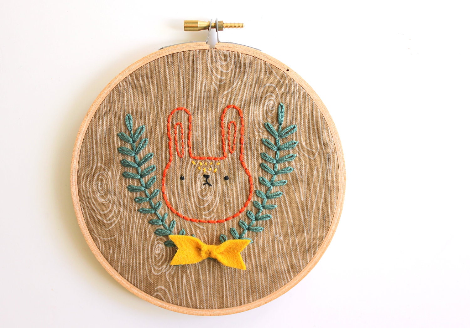 Faux Bois Camping Bunny - Hand Embroidered Wall Art - Made to Order
