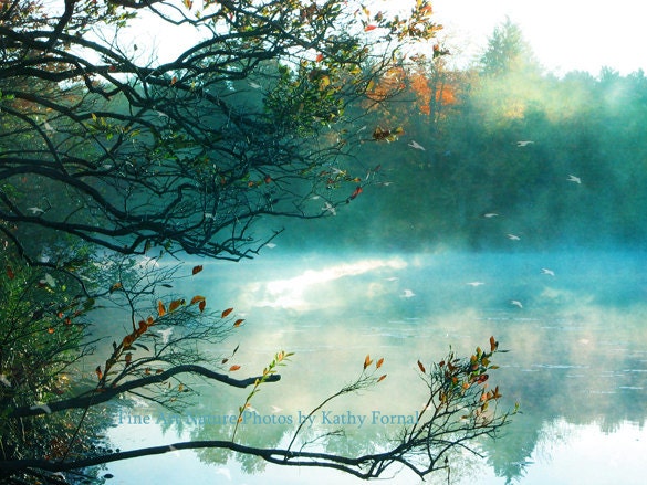 Nature Photography, Dreamy Fantasy Surreal Fall Nature, Teal Aquamarine Autumn Lake Trees, Surreal Autumn Fall Photograph - KathyFornal