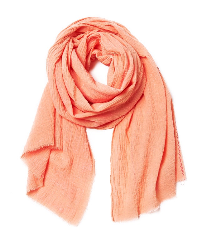 Peach/coral hand printed cotton scarf