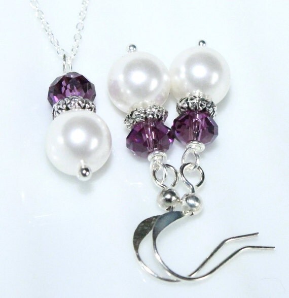 Swarovski White Pearl and Amethyst / Purple Crystal Necklace and Earring Set (Crystals Also Available in Other Colors)