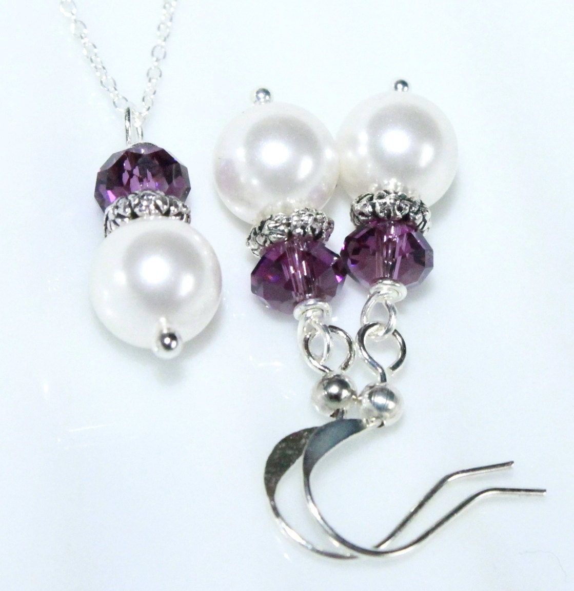 Swarovski White Pearl and Amethyst / Purple Crystal Necklace and Earring Set (Crystals Also Available in Other Colors)
