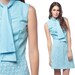 70s Mini Dress Ascot Neck Baby Blue 60s Mod Geometric Tetris Print 1960s Secretary High Waist Vintage 1970s Sleeveless Go Go Dress Small