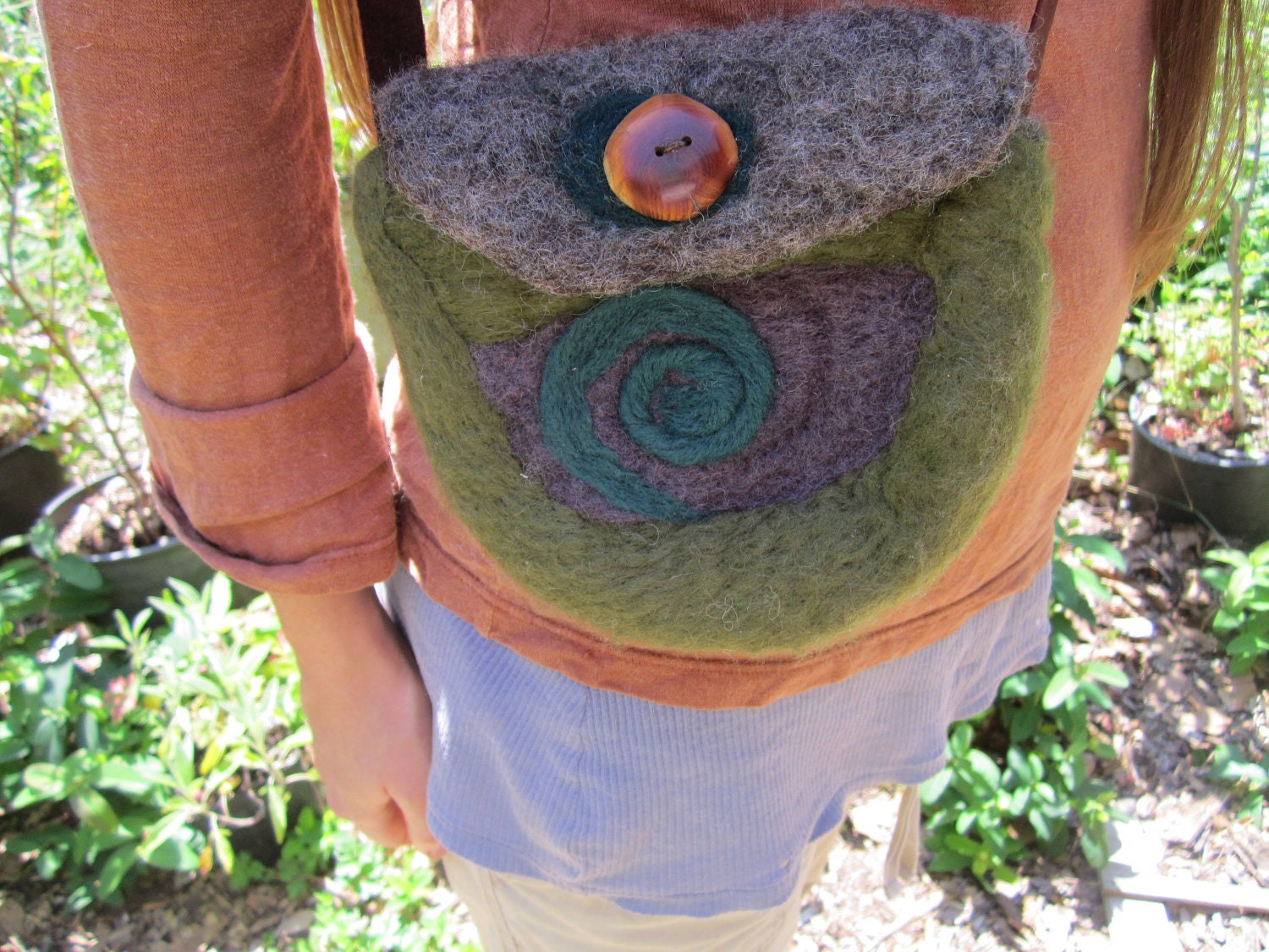 Felted Wool Purse- Woodland Purse with Handmade Wooden Button in Madrone