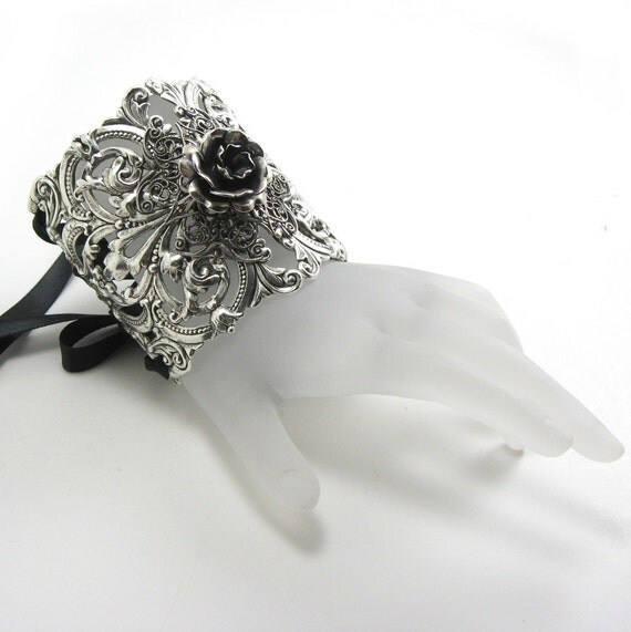 Gothic Lolita Bracelet - Ikebana Corset Cuff - with Antiqued Sterling Silver Plated Filigree and Ribbon Ties - by Ghostlove