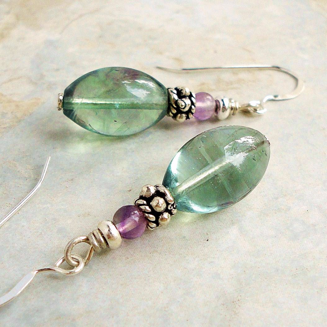Rainbow Fluorite Earrings Stering Silver by mamisgemstudio on Etsy