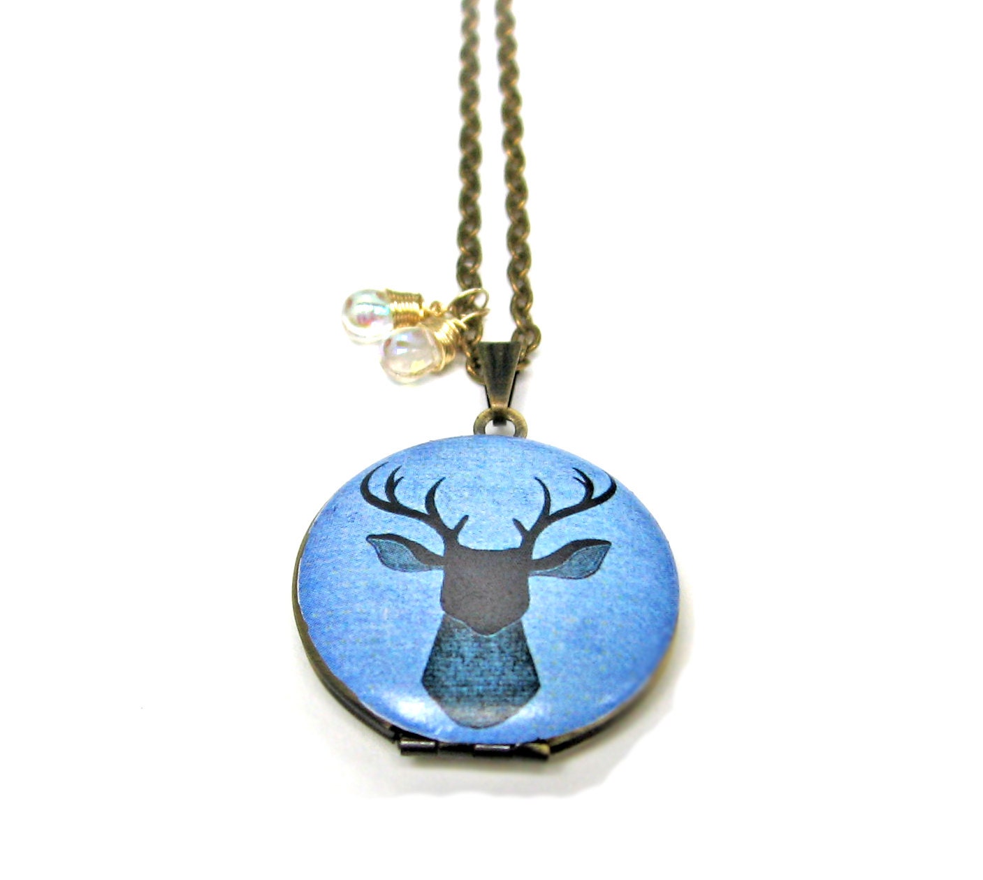 Deer Head Blue Antler Handpainted Brass Locket with Czech Glass Drops 14K Gold Wire