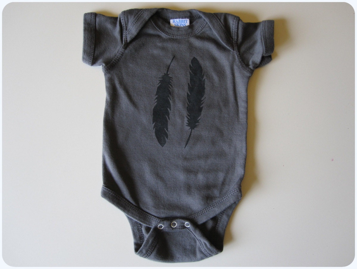 Infant Boy Girl One Piece, Pair Of Feathers, Tribal Embellished Onesie, Black On Charcoal Grey, Unisex