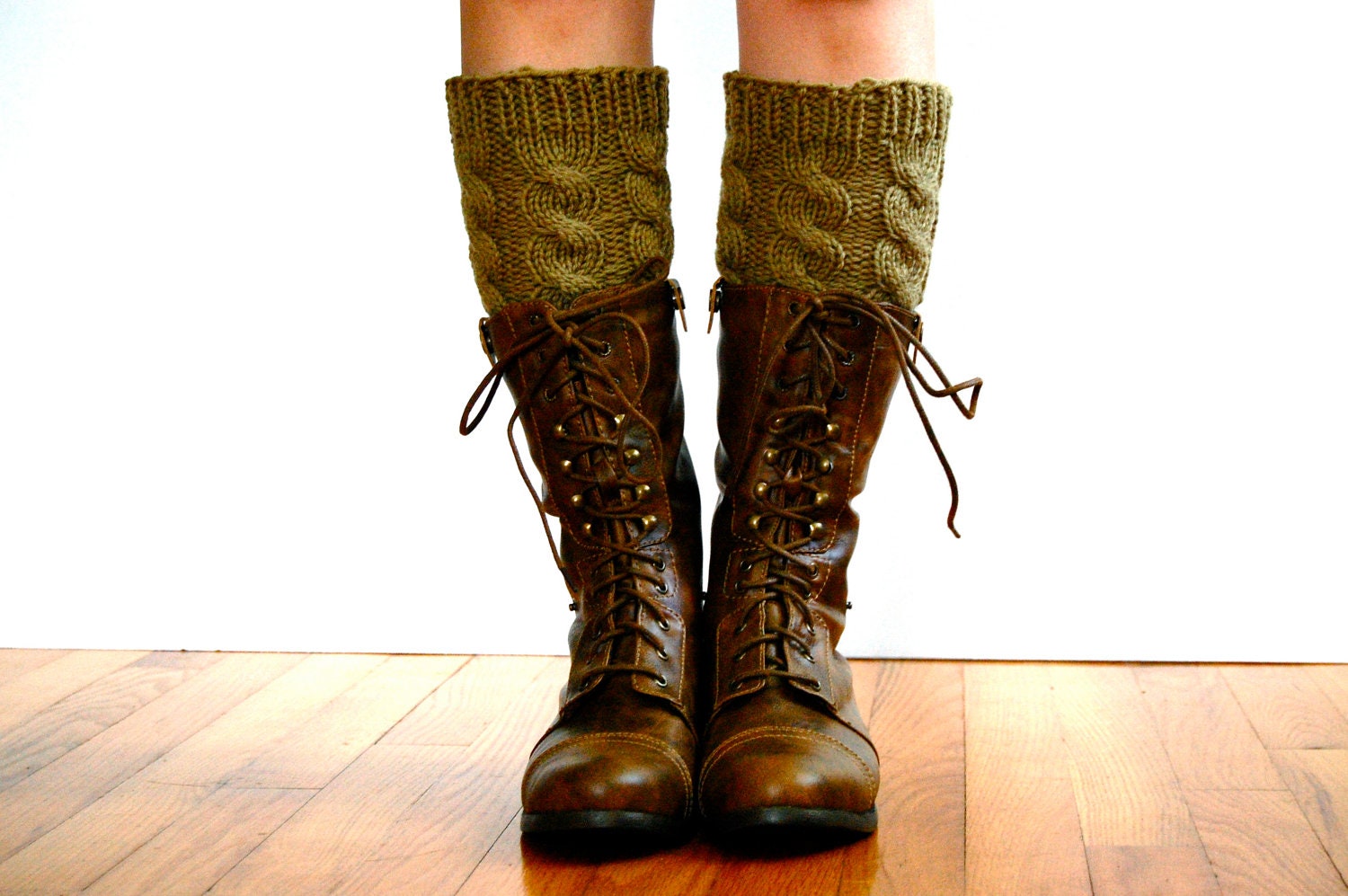 Knit Boot Cuffs, Boot Toppers, Cabled in Sage Green, Wool