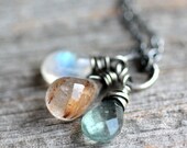 Aquamarine, Golden Rutilated Quartz and Moonstone Necklace on Sterling Silver - Aphrodite - March Birthstone Jewelry Mythology Collection