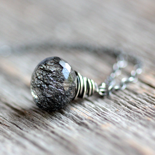 Black Tourmalinated Quartz Necklace Wire Wrapped in Sterling Silver - Blur - Modern Necklace Modern Fashion