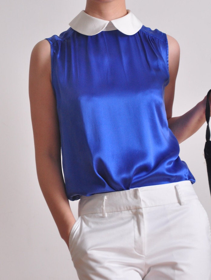 White Peter Pan Collar Sapphire Blue Pure Silk Satin Sleevelss Blouse Top