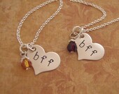 BFF necklace set - Best Friend necklace set with birthstone crystals - Sterling silver heart necklace set