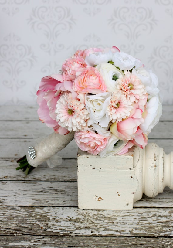 Silk Bride Bouquet Ranunculus Peonies Daisies Rustic Chic Wedding (item F10144)