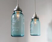 Sea Glass Mason Jar Pendant Lights - set of 2 hanging antique blue BALL perfect mason jar lighting fixtures - BootsNGus Lamps
