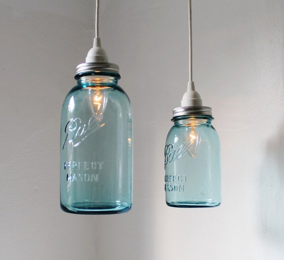 Sea Glass Mason Jar Pendant Lights - set of 2 hanging antique blue BALL perfect mason jar lighting fixtures - BootsNGus Lamps