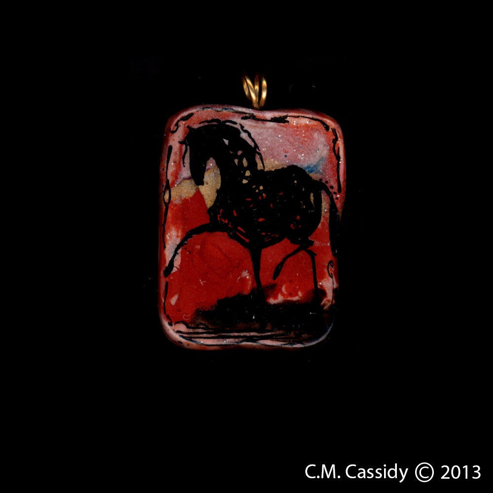 Black Horse Trots in a Red World Pendant. Original India Ink Drawing on Polymer Clay. Black, Red, Pink Gold 3139
