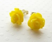 Resin rose earrings - yellow rose earrings - flower earrings - sterling silver posts