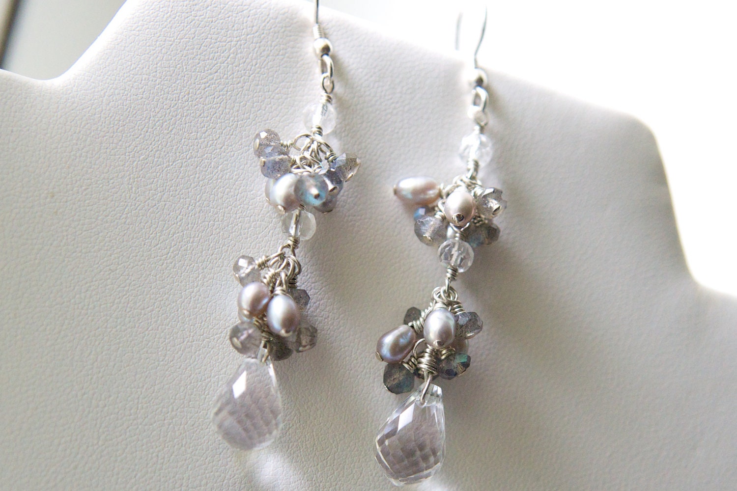 Crystal Quartz Cluster Earrings with Labradorite and Freshwater Pearls
