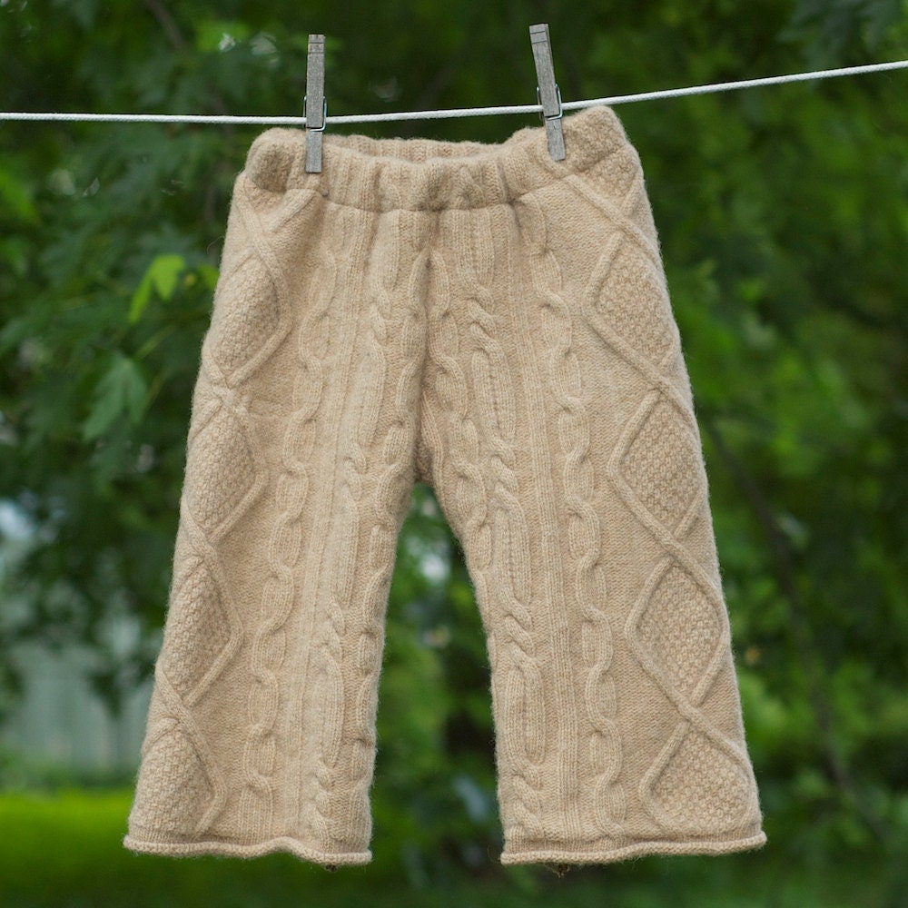 Upcycled Wool Longies   Tan Brown Cable Pattern  Cloth Diaper Soaker  LARGE 12-18 Months