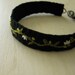 Fabric Bracelet Embroidered Green Vines with White Flowers on Black